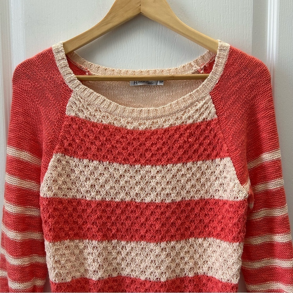 Ricki’s Sweater Lightweight Cotton Open Weave Coral Orange Stripes Size Small - Picture 4 of 15